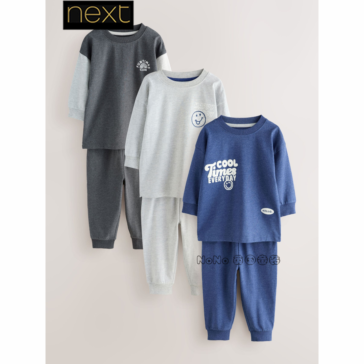 英国Next男童灰蓝色字母家居服长袖睡衣秋裤1-10岁纯棉F21-009