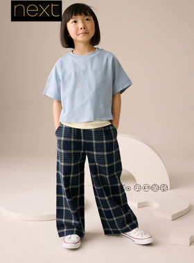 英国Next正品代购女大童亲子蓝色格子阔腿裤纯棉休闲长裤F34-608