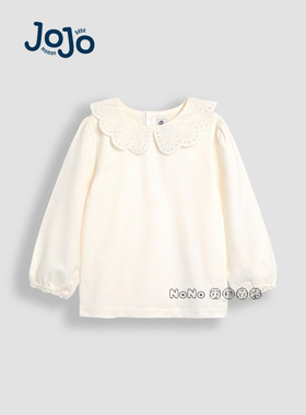 英国Jojo Maman Bebe女童乳白色刺绣翻领长袖T恤纯棉1-9岁F86-098
