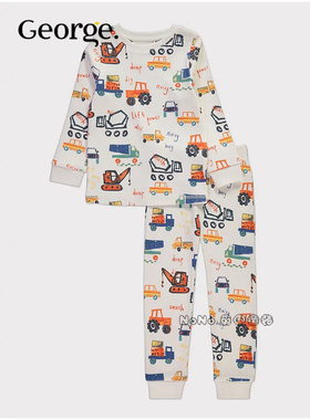 英国乔治George男童挖掘机吊车汽车长袖家居服睡衣裤纯棉1325311