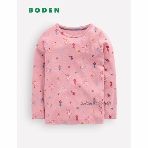 英国Mini BODEN女童粉色芭蕾舞蹈印花长袖T恤休闲打底2-14岁G4920