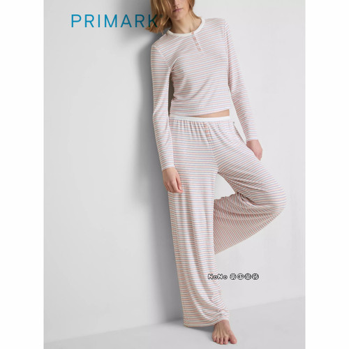 英国Primark正品女款成人大童粉色条纹长袖家居服睡衣长裤新款