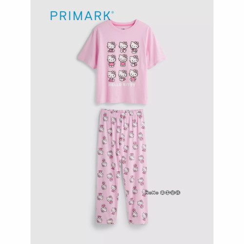 代购英国Primark女款成人大童粉色kitty短袖家居服睡衣裤纯棉