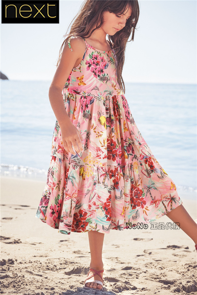 现货Next英国正品女童大童亲子粉色花朵连衣裙吊带沙滩裙756-992