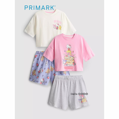 英国Primark女童粉蓝灰色kitty美乐蒂布丁狗短袖家居服睡衣裤两套