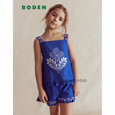 英国Mini BODEN正品女童蓝色显白刺绣吊带T恤全棉短裤2-12岁G5975