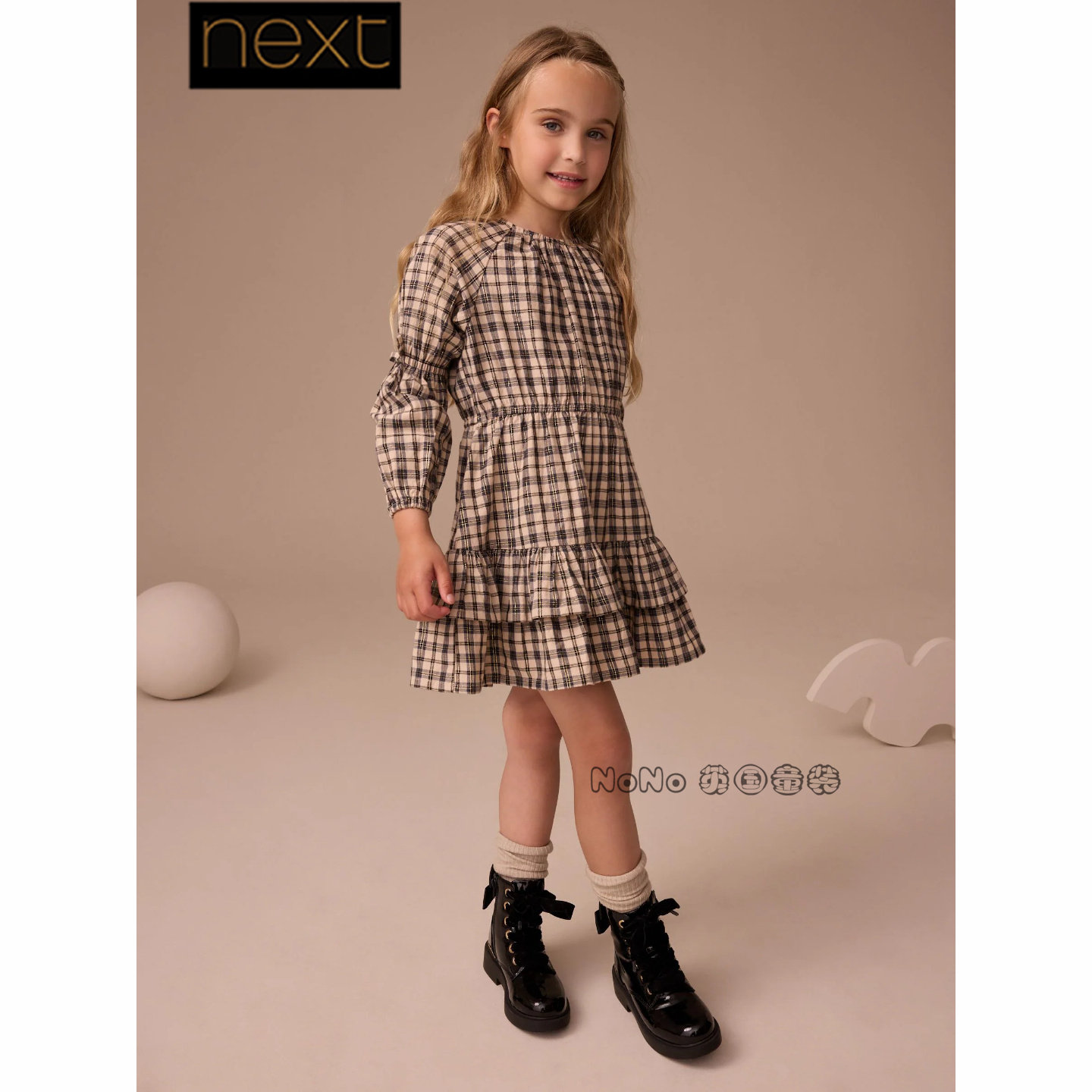 英国Next正品代购女大童亲子黑白色格子绑带连衣裙长袖F80-058