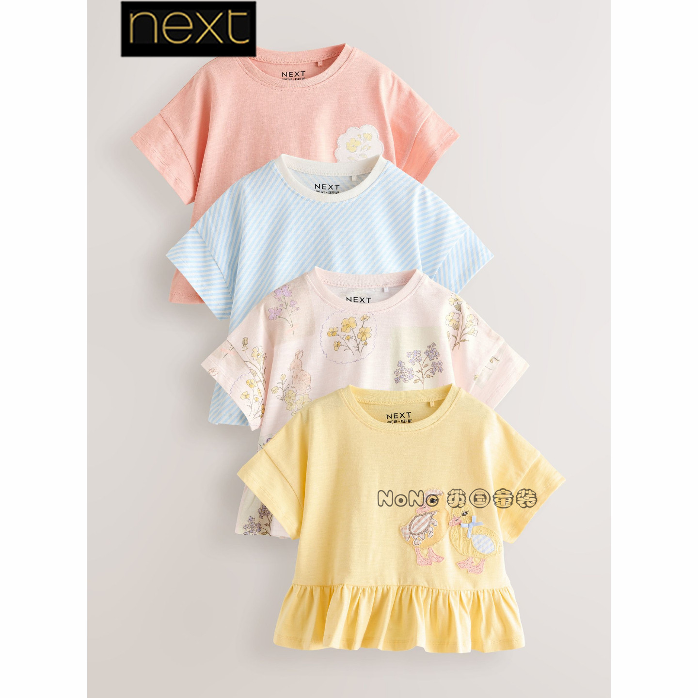 英国Next正品代购女童粉黄色小鸭子碎花短袖T恤运动衫全棉H58-997