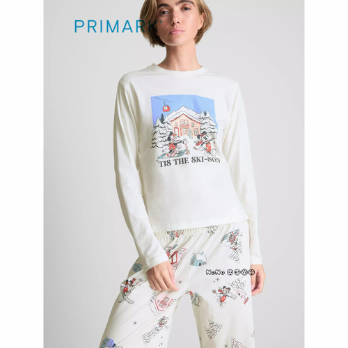 代购英国Primark女款成人大童米奇滑雪全棉长袖家居服睡衣裤新款