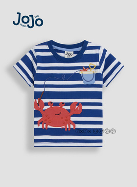 英国Jojo Maman Bebe儿童蓝色条纹螃蟹贴布刺绣T恤纯棉AU2-234