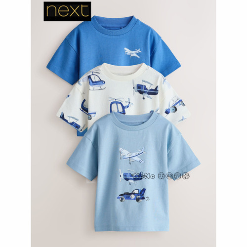 英国Next男童蓝白色飞机直升机短袖T恤衫全棉1-7岁新款W80-023