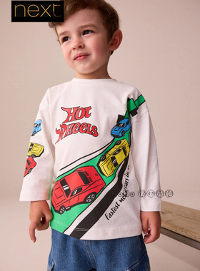 代购英国Next男童白色赛车Hot Wheels纯棉长袖T恤衫1-8岁F67-041