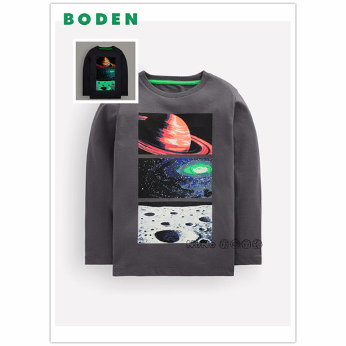 英国Mini BODEN男童灰色夜光宇宙银河长袖T恤纯棉2-14岁新款B3086