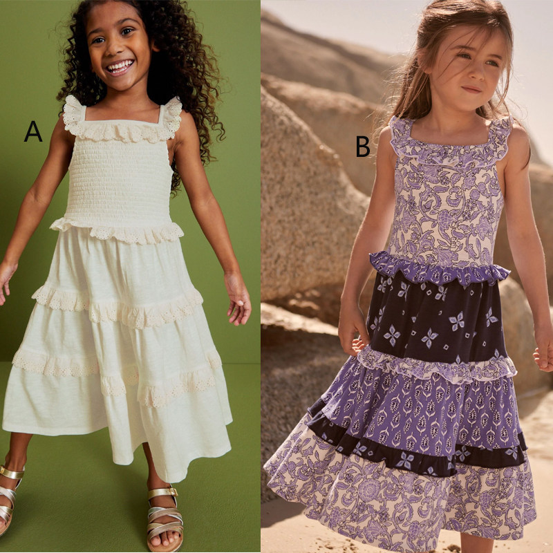 现货英国Next正品女大童乳白色蓝色印花连衣裙纯棉长裙C87-404