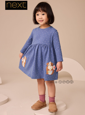 代购英国Next女童蓝色荷兰猪仓鼠贴布连衣裙长袖1-7岁新款AP9-465