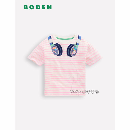英国Mini BODEN女童粉白色条纹耳机印花短袖T恤全棉2-10岁G5920