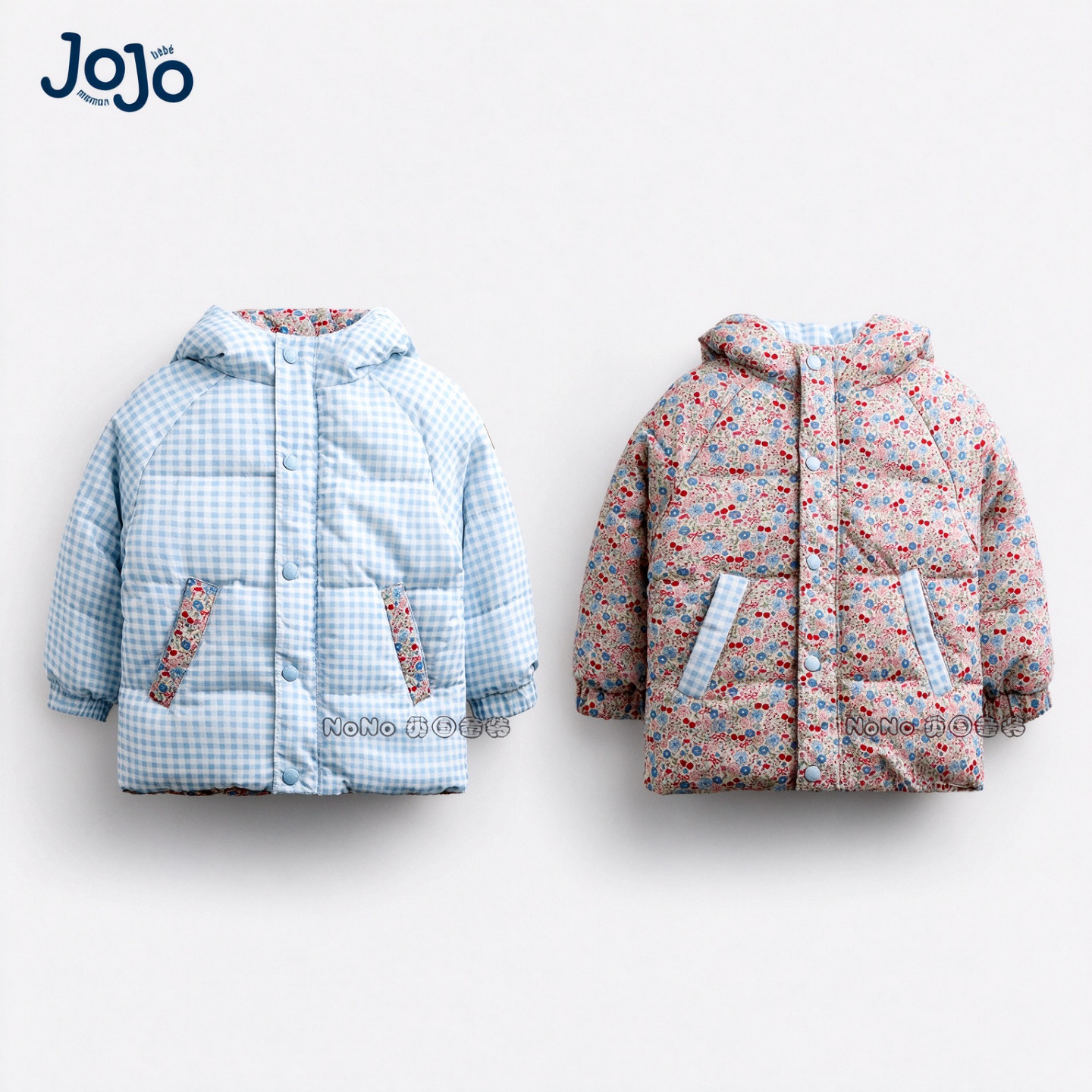英国JoJo Maman Bebe女童格子碎花双面穿棉服厚外套0-7岁Y62-328