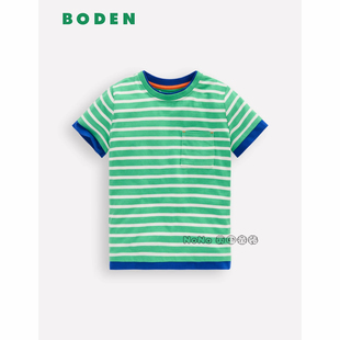 英国Mini BODEN男童蓝绿白色条纹假两件短袖T恤全棉2-14岁B3191