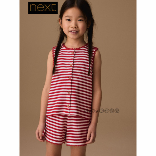 英国Next正品女大童红白色条纹T恤短裤套装全棉3-16岁新款Y13-613