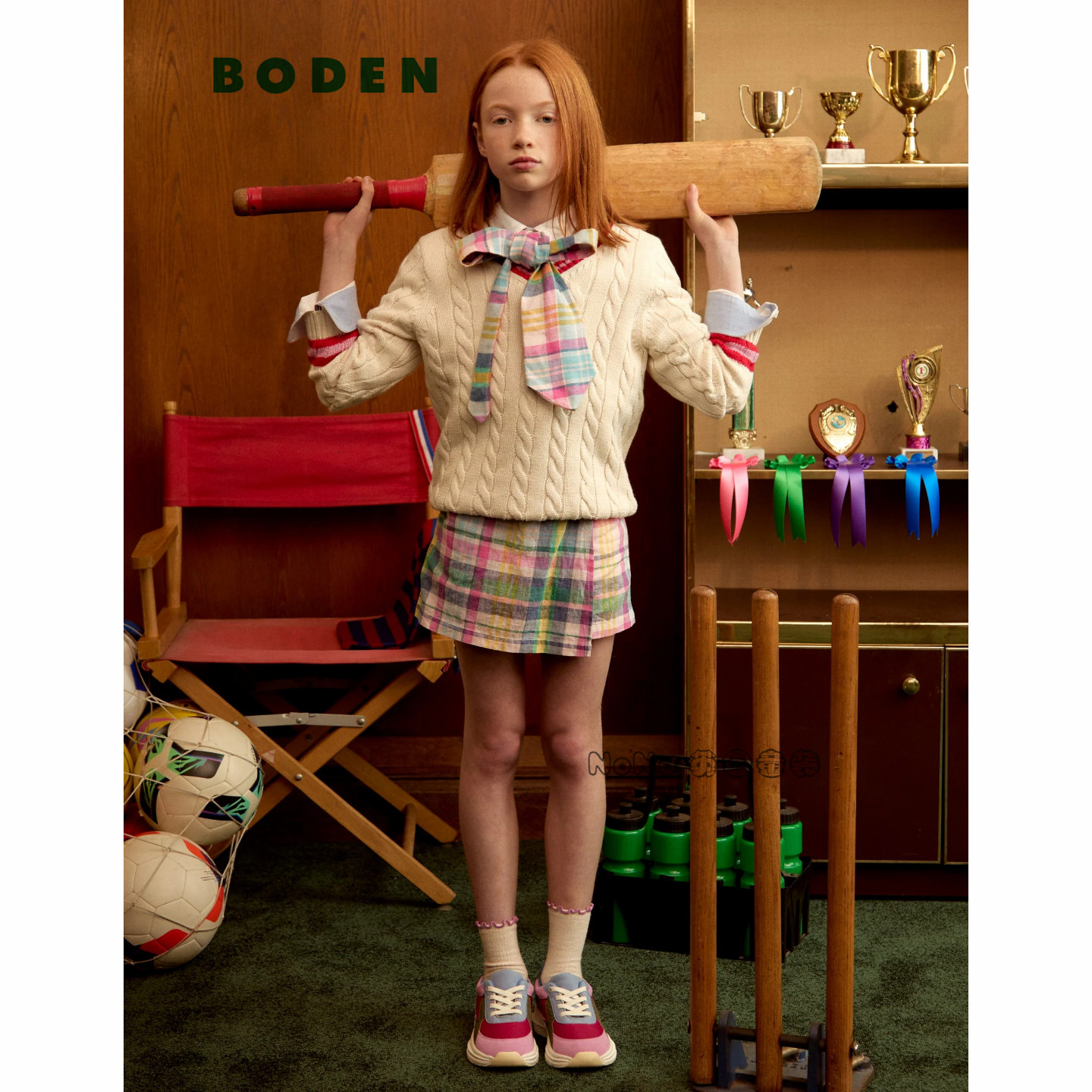 英国Mini BODEN女童米白红色条V领全棉毛衣针织衫5-14岁新款G5982