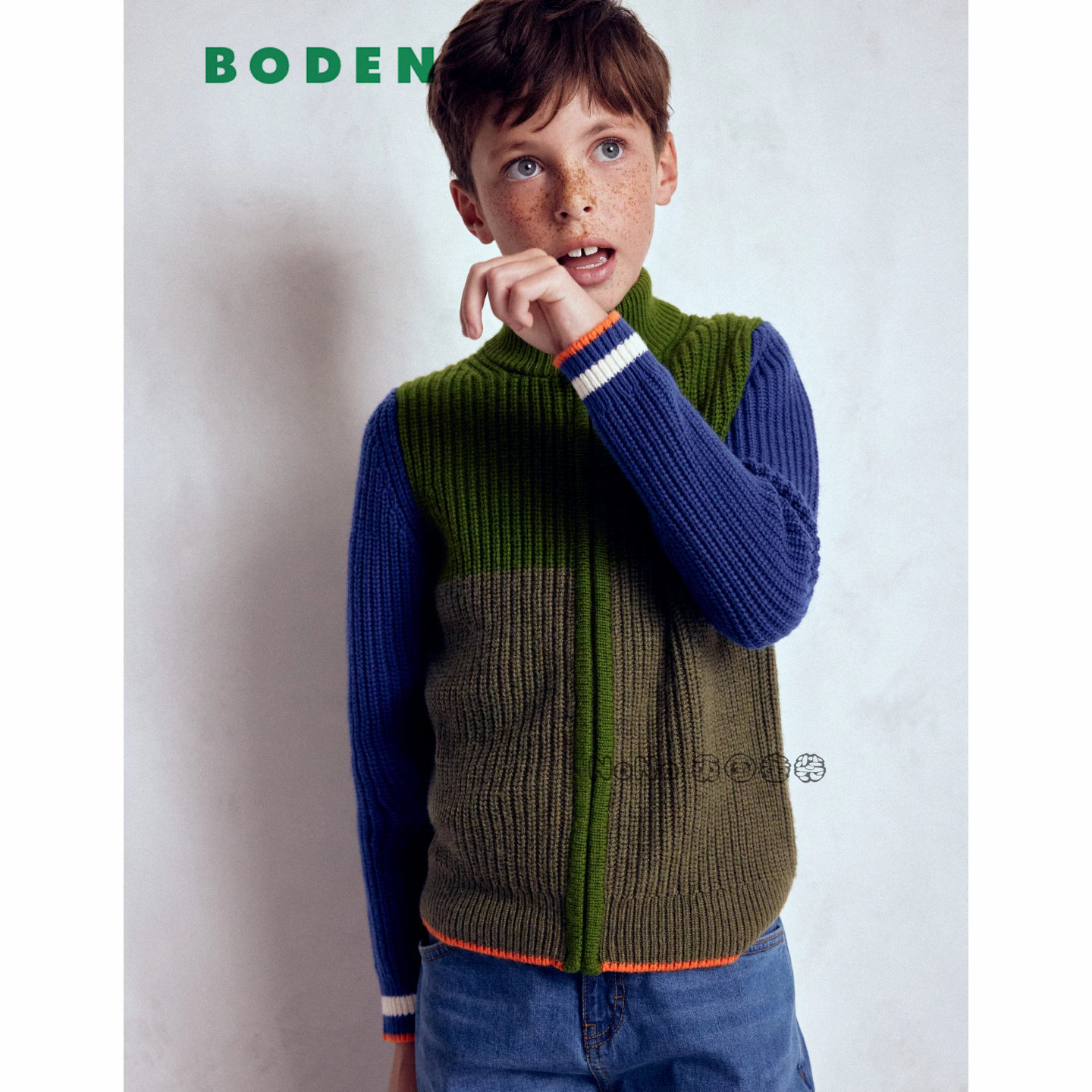 英国Mini BODEN男童蓝绿拼色开衫毛衣针织羊毛麻花2-14岁B3122