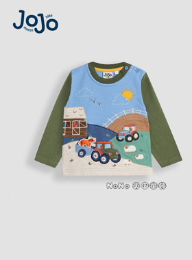 英国Jojo Maman Bebe儿童绿蓝色牦牛贴布长袖T恤纯棉1-7岁F96-777