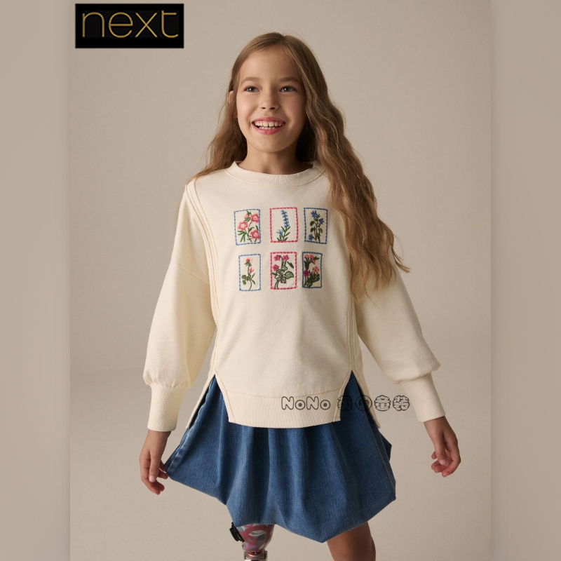 英国Next正品代购女大童亲子乳白碎花刺绣卫衣运动衫纯棉E44-435