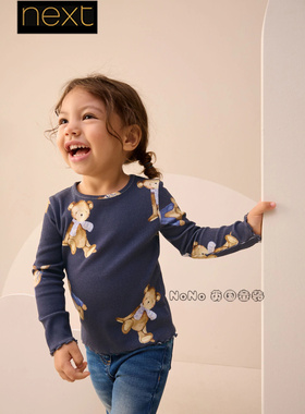 英国Next正品代购女童深蓝色小熊打底长袖T恤衫纯棉1-7岁F74-392