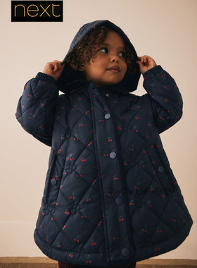 英国Next代购女童深蓝色樱桃中长款加厚棉服外套连帽1-7岁AY7-152