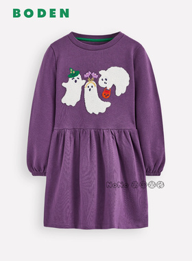 英国Mini Boden女童紫色幽灵刺绣卫衣长袖连衣裙纯棉G5501-NAV