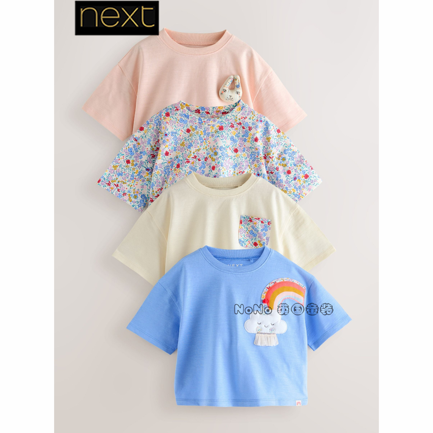 英国Next正品代购女童粉蓝白色碎花彩虹短袖T恤运动衫纯棉AR2-236