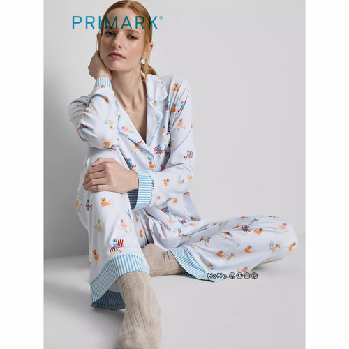 英国Primark女款成人大童蓝色小狗条纹长袖家居服长睡衣裤