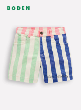 代购英国Mini Boden女童蓝绿色条纹AB版牛仔短裤新款2-14岁G5915