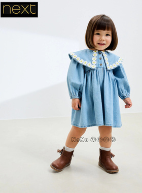 英国Next正品代购女童蓝色牛仔长袖连衣裙纯棉翻领雏菊F13-565