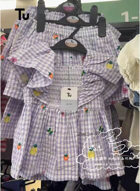 现货英国TU正品女童紫色格子刺绣打揽短袖T恤衫休闲短裤纯棉套装