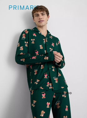 代购英国Primark男款成人亲子绿色圣诞小熊亲肤绒家居服睡衣睡裤