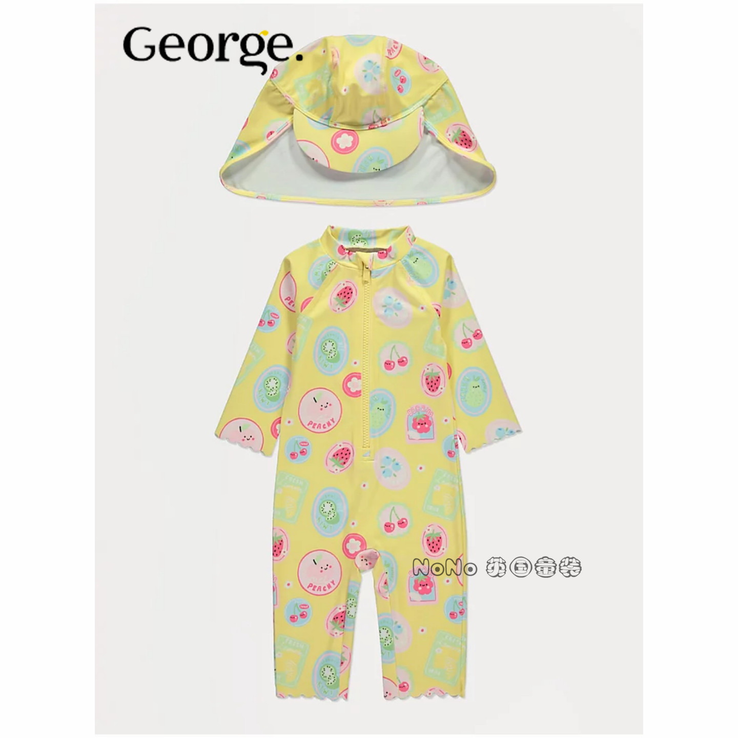 英国乔治George女童黄色草莓连体泳衣T恤防晒遮颈帽套装1365100