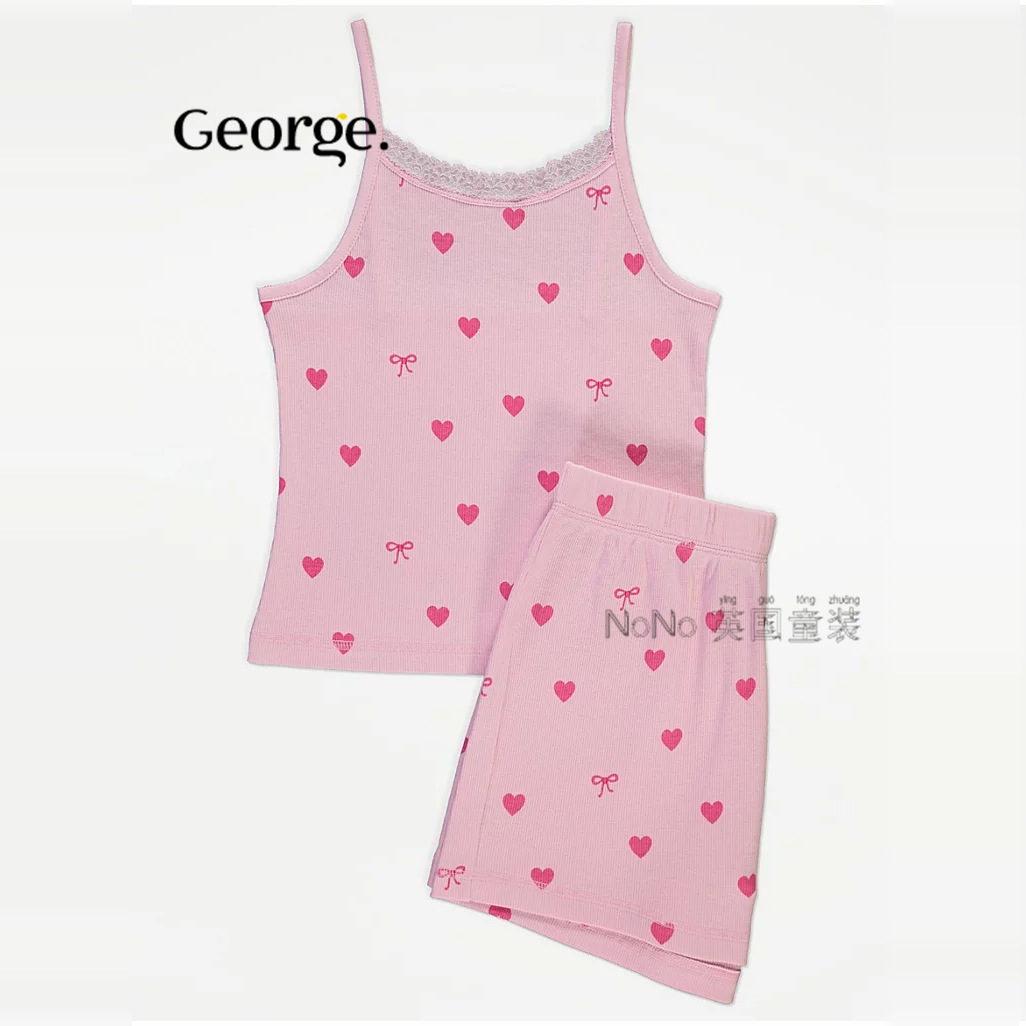 现货英国乔治George女大童粉色背心爱心蕾丝吊带家居服睡衣短裤