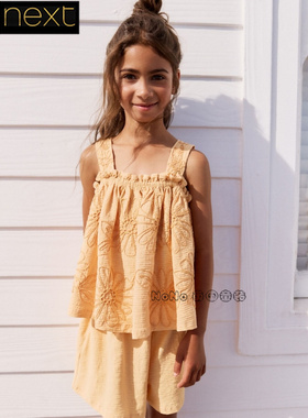 英国Next正品代购女大童亲子黄色刺绣吊带T恤衫短裤套装棉AG5-747