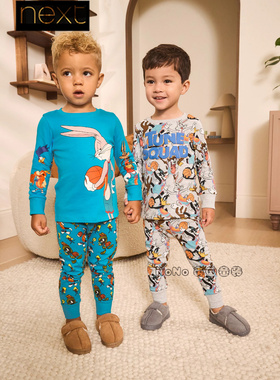 代购英国Next男童蓝灰色兔八哥家居服睡衣秋裤1-8岁纯棉F48-970