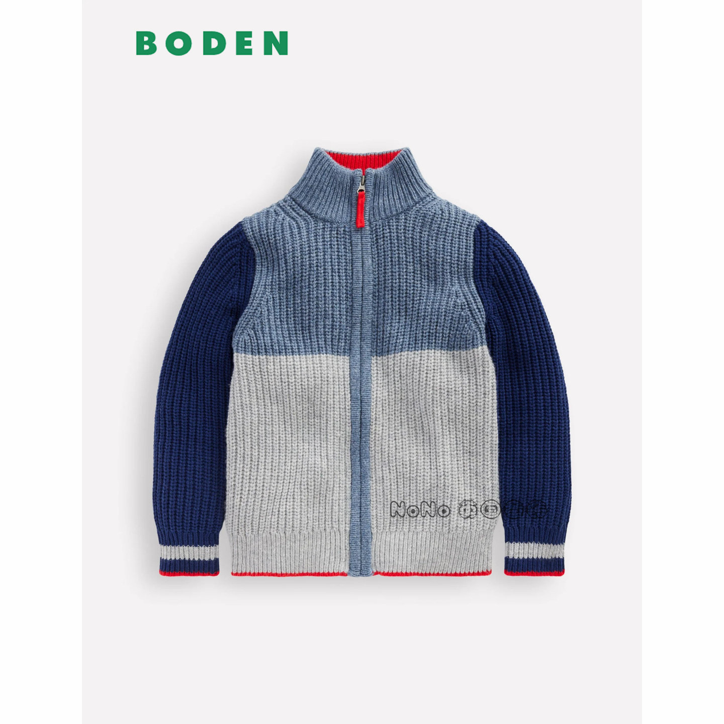 英国Mini BODEN男童蓝灰拼色开衫毛衣针织羊毛麻花2-14岁B3122