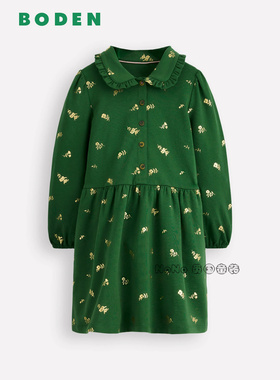 英国Mini Boden女童绿色碎花娃娃翻领长袖连衣裙纯棉2-14岁G5510