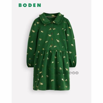 英国Mini Boden女童绿色碎花娃娃翻领长袖连衣裙纯棉2-14岁G5510