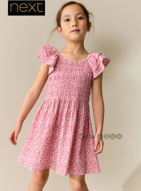 英国Next女大童亲子桃粉色小碎花短袖连衣裙打揽3-16岁W91-861
