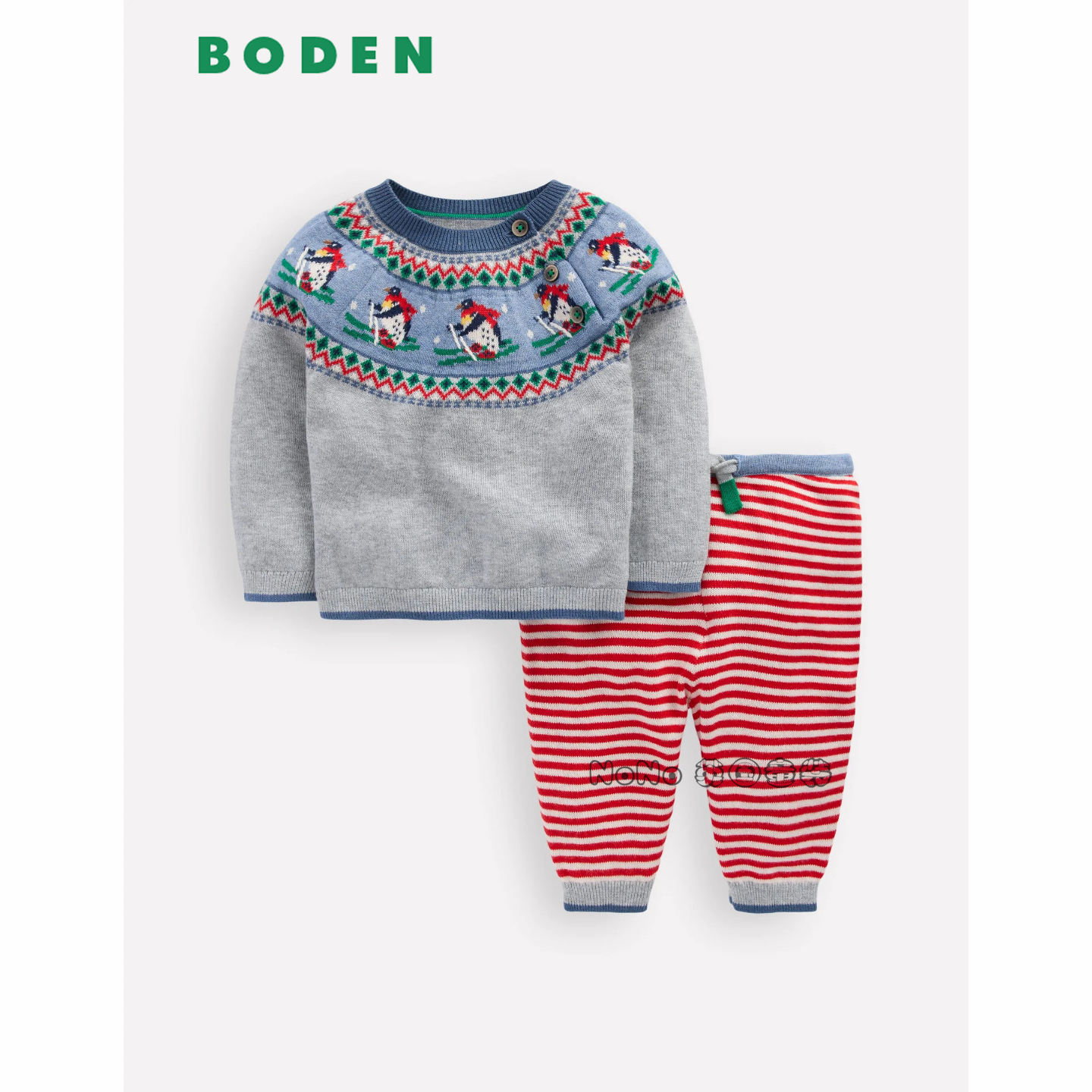 英国Baby BODEN婴儿灰色企鹅费尔岛针织毛衣红条裤纯棉套装Y2727