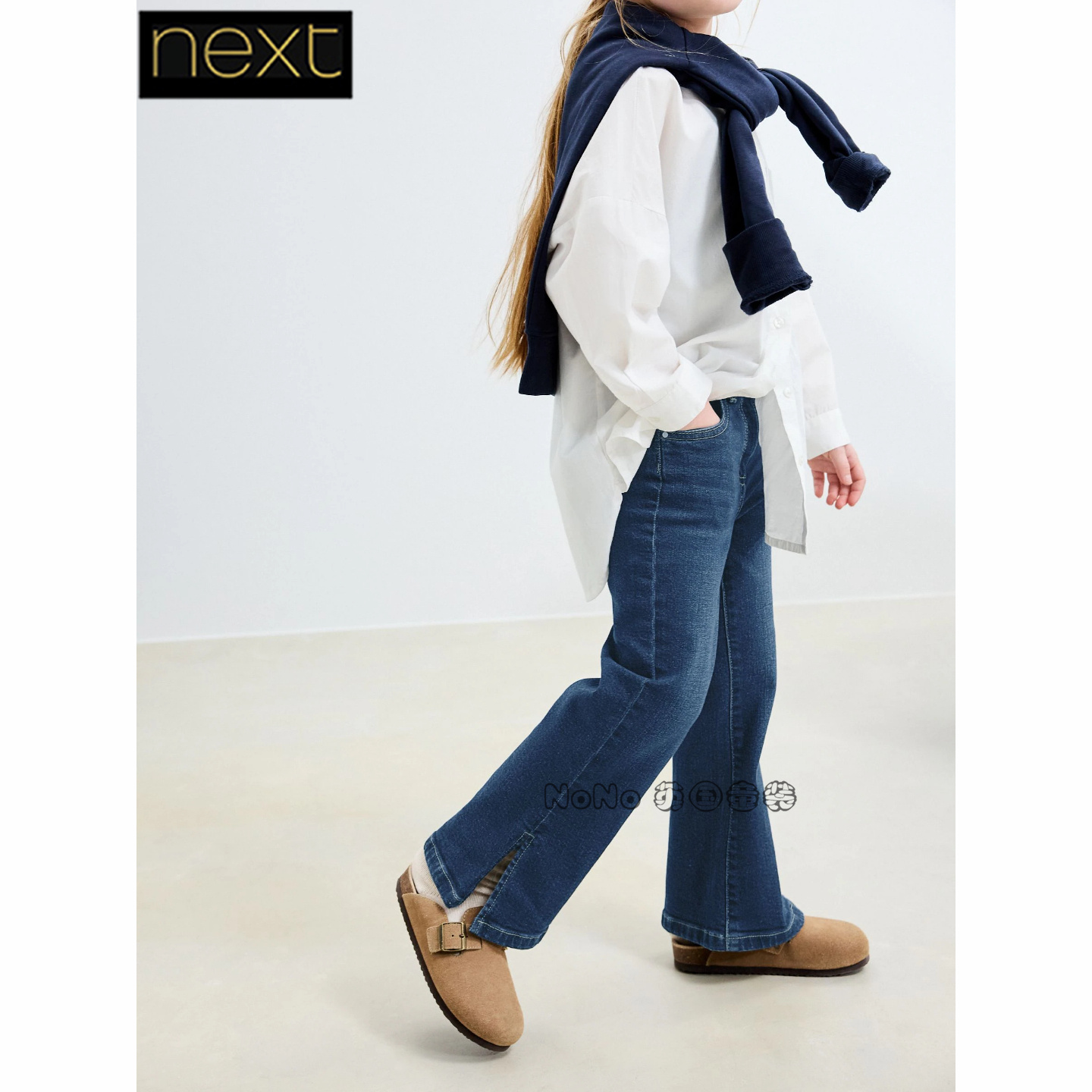 英国Next正品代购女大童亲子蓝色喇叭牛仔裤纯棉休闲弹力AY2-439