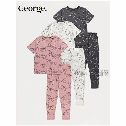 英国乔治George女童粉灰色爱心蝴蝶结短袖家居服睡衣长裤1397020