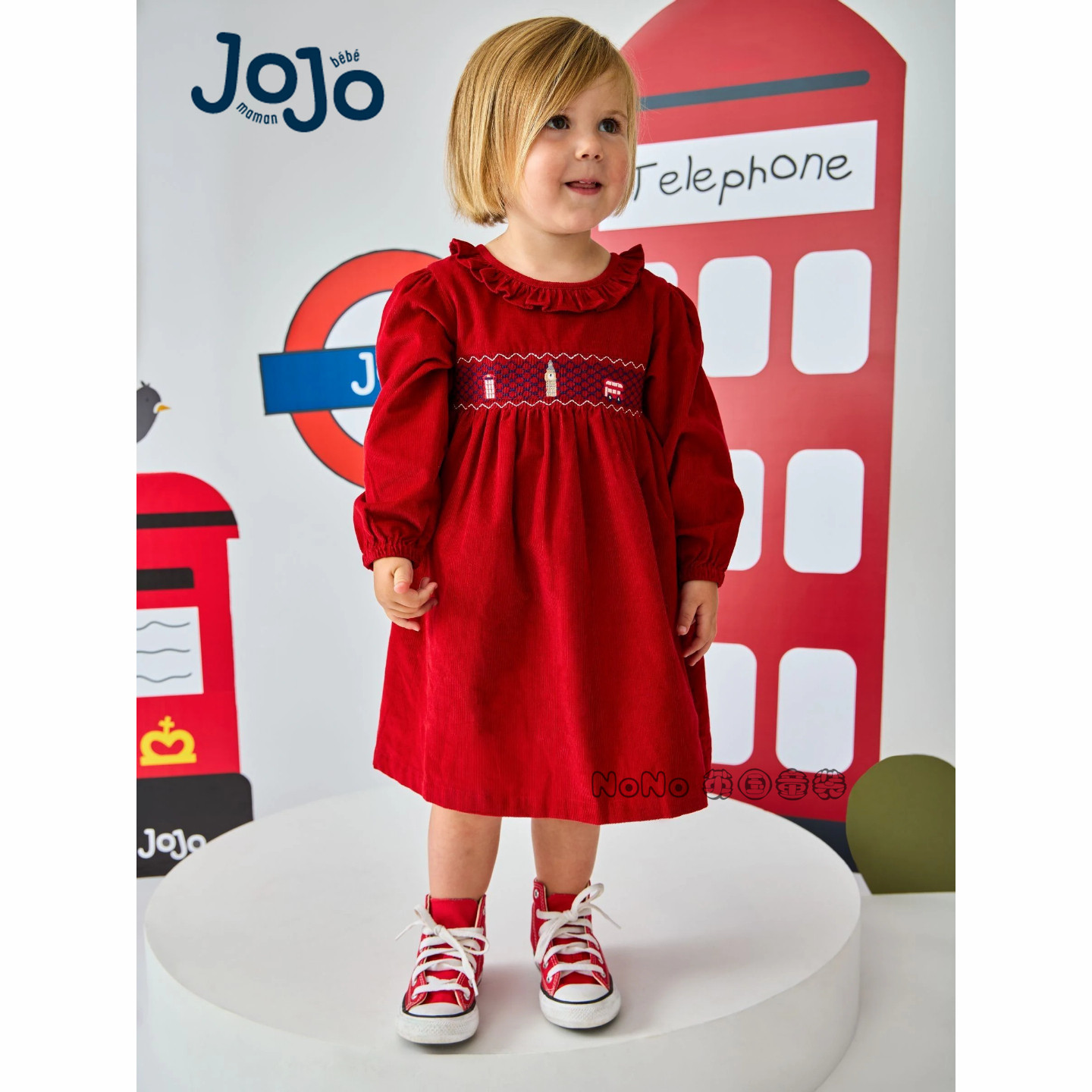 英国JoJo Maman Bebe女童新年红色巴士长袖连衣裙全棉新款G42-652