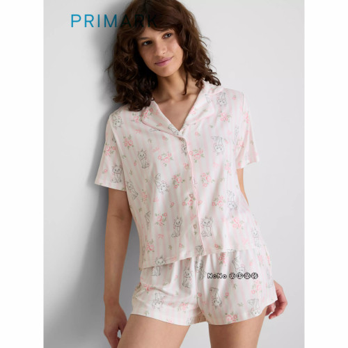 英国Primark女款成人大童粉色玛丽猫印花短袖家居服睡衣裤新款