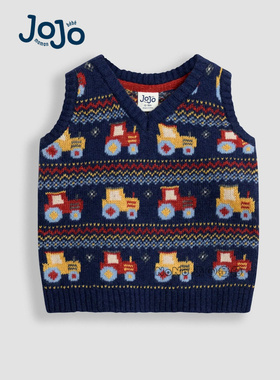 英国JoJo Maman Bebe男童蓝色拖拉机马甲毛衣针织衫羊毛F49-206
